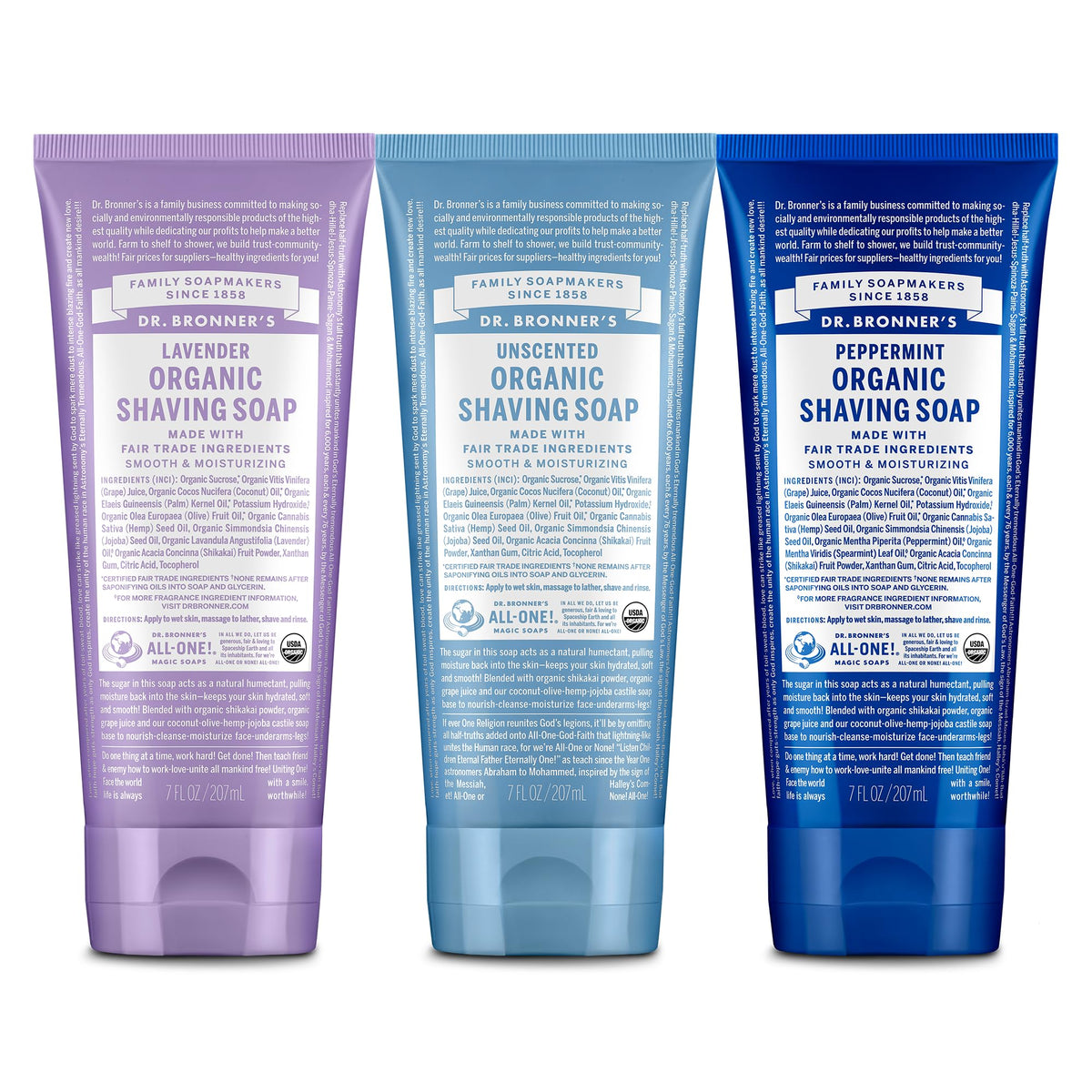Dr. Bronner's shaving soap trio front packaging shows variety and eco benefits