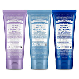 Dr. Bronner's shaving soap trio front packaging shows variety and eco benefits