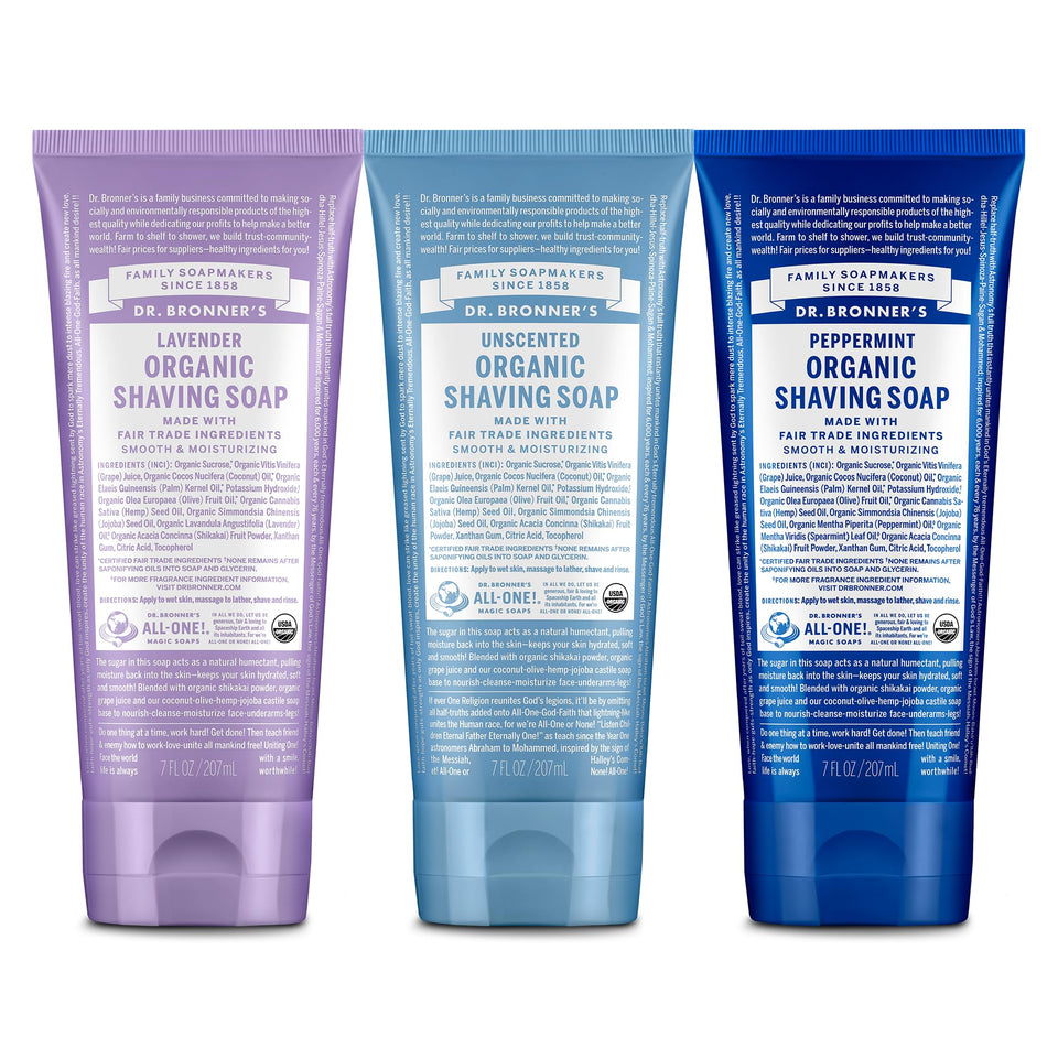 Dr. Bronner's shaving soap trio front packaging shows variety and eco benefits