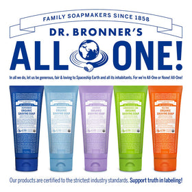Dr. Bronner's soap next to razor showing 7oz size and practical scale