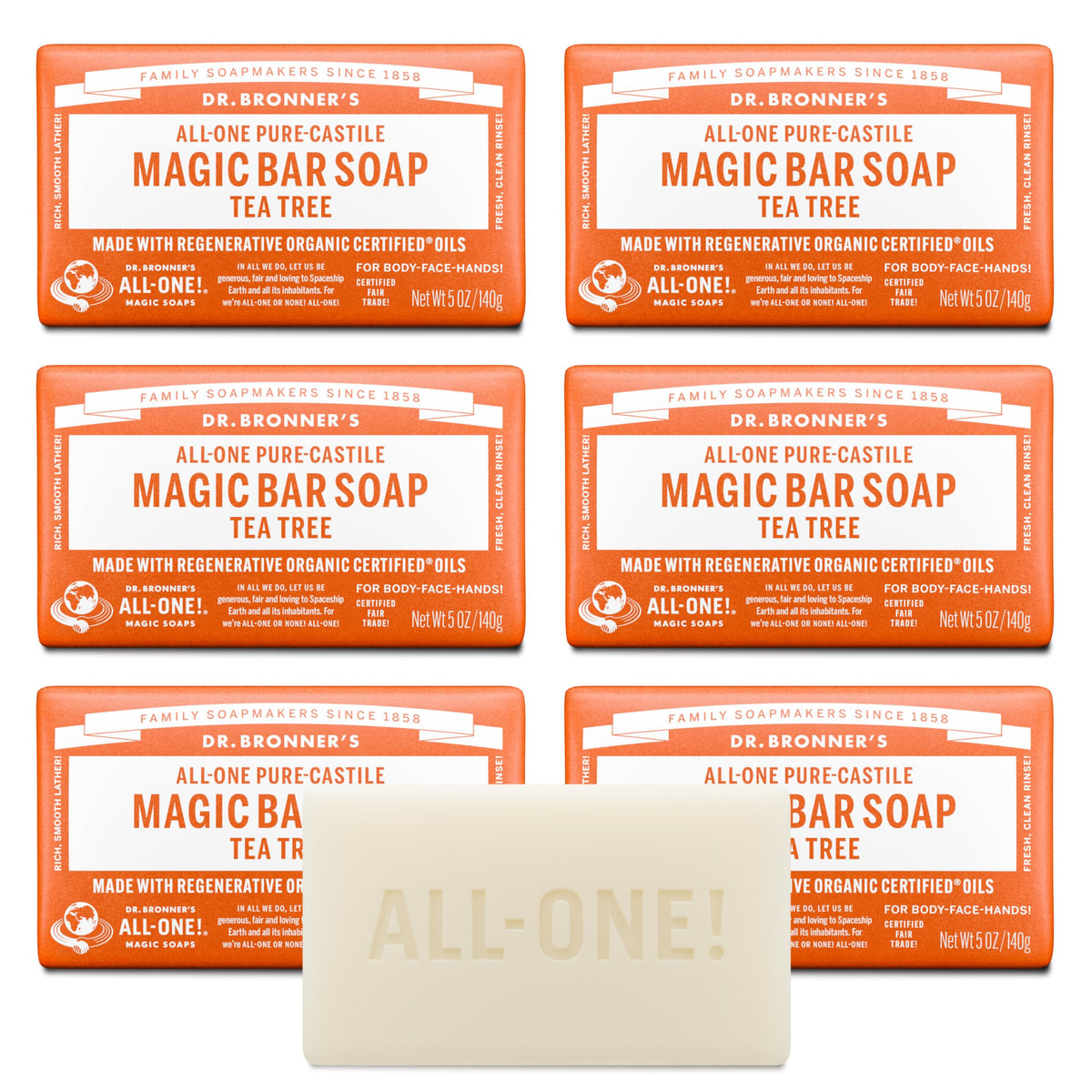 Dr. Bronner's front packaging showing tea tree bar and recyclable wrap benefits