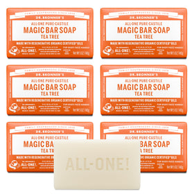 Dr. Bronner's front packaging showing tea tree bar and recyclable wrap benefits