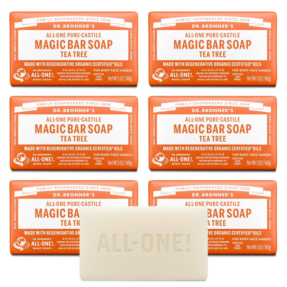 Dr. Bronner's front packaging showing tea tree bar and recyclable wrap benefits