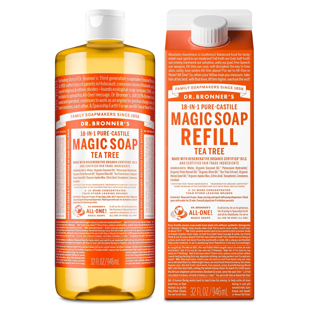 Dr. Bronner's bottle front view showing tea tree label and 32oz size benefit