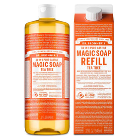 Dr. Bronner's bottle front view showing tea tree label and 32oz size benefit