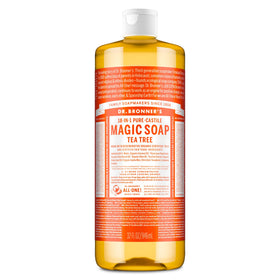 Dr. Bronner's front bottle view showing tea tree soap and brand reliability