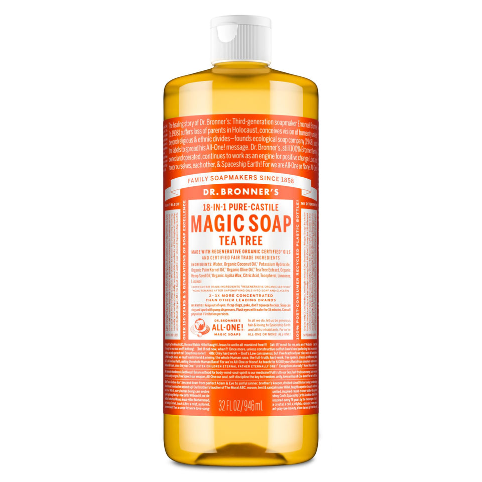 Dr. Bronner's front bottle view showing tea tree soap and brand reliability