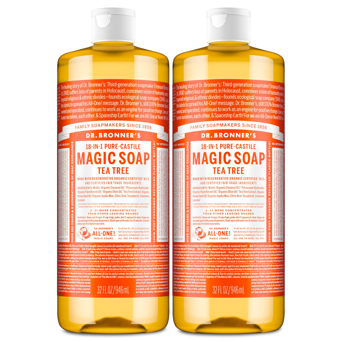 Dr. Bronner's front packaging showing 32oz bottle and tea tree label for clarity and trust