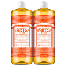 Dr. Bronner's front packaging showing 32oz bottle and tea tree label for clarity and trust