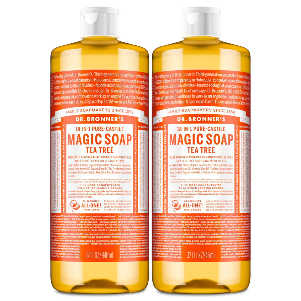 Dr. Bronner's front packaging showing 32oz bottle and tea tree label for clarity and trust