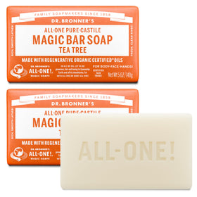 Dr. Bronner's tea tree front packaging showing recycled wrapper and brand benefits