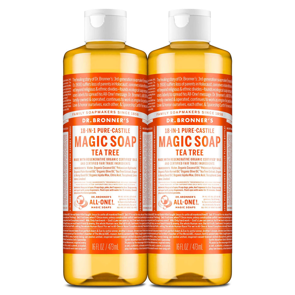 Dr. Bronner's front packaging showing tea tree soap and concentrated benefit