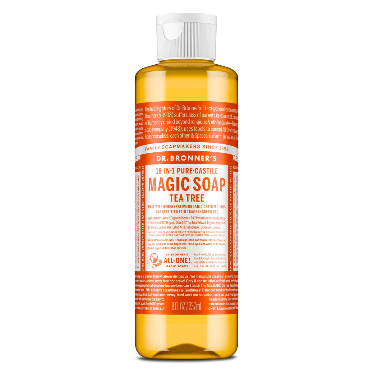 Dr. Bronner's bottle front packaging showing tea tree scent and benefits