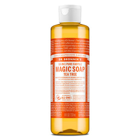Dr. Bronner's bottle front packaging showing tea tree scent and benefits