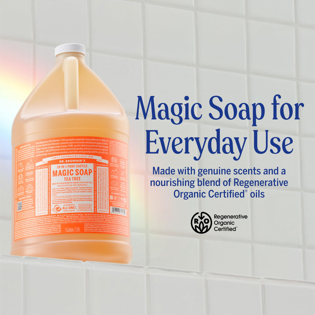 Dr. Bronner's tea tree pouring concentrate into a small bottle for dilution benefit