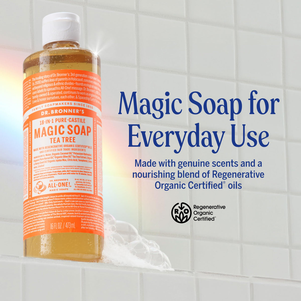 Dr. Bronner's soap lather close-up illustrating rich foam and cleansing