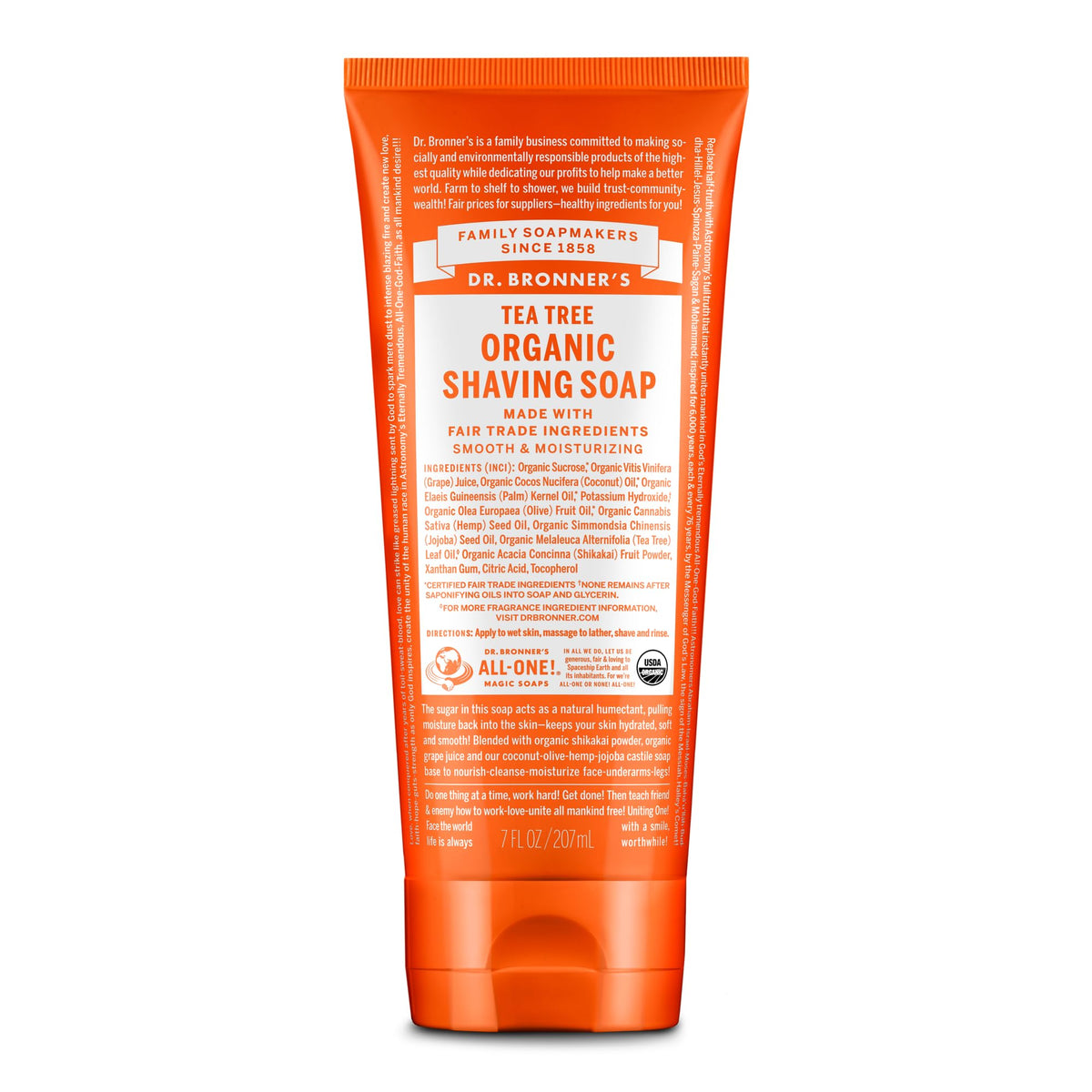 Dr. Bronner's front packaging showing organic tea tree shave soap and benefits