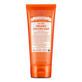 Dr. Bronner's front packaging showing organic tea tree shave soap and benefits