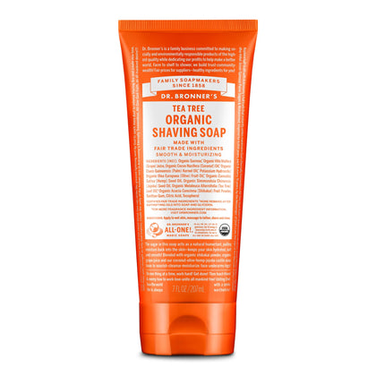 Dr. Bronner's front packaging showing organic tea tree shave soap and benefits
