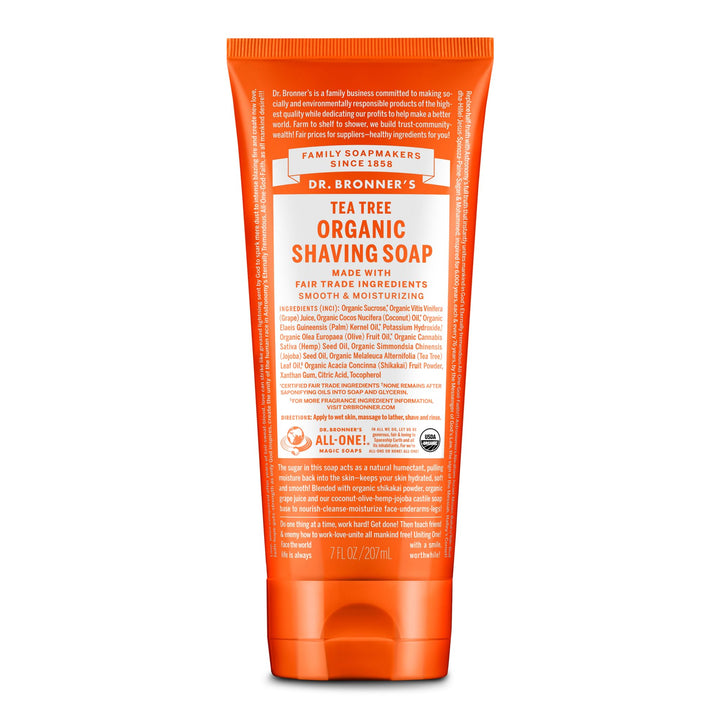 Dr. Bronner's front packaging showing organic tea tree shave soap and benefits