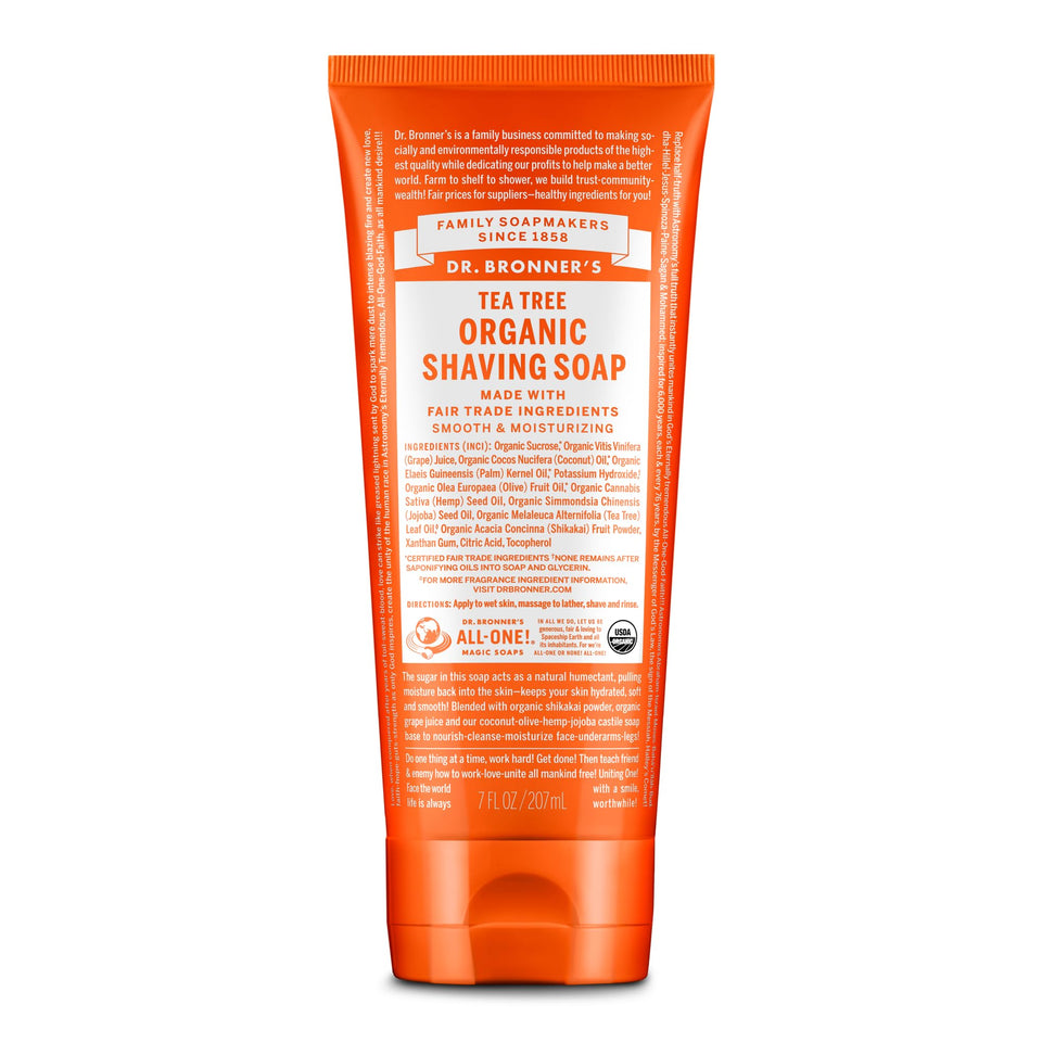 Dr. Bronner's front packaging showing organic tea tree shave soap and benefits