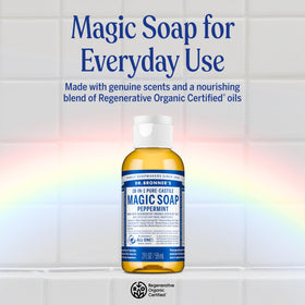 Dr. Bronner's travel bottles lined up highlighting compact sizes for travel convenience