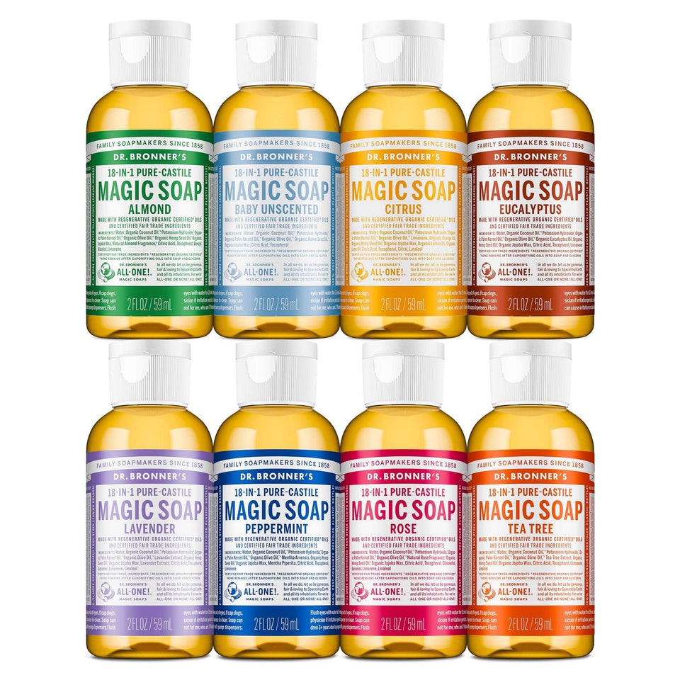 Dr. Bronner's variety gift pack front view showing multiple 2 oz bottles and labels benefit: easy sampling