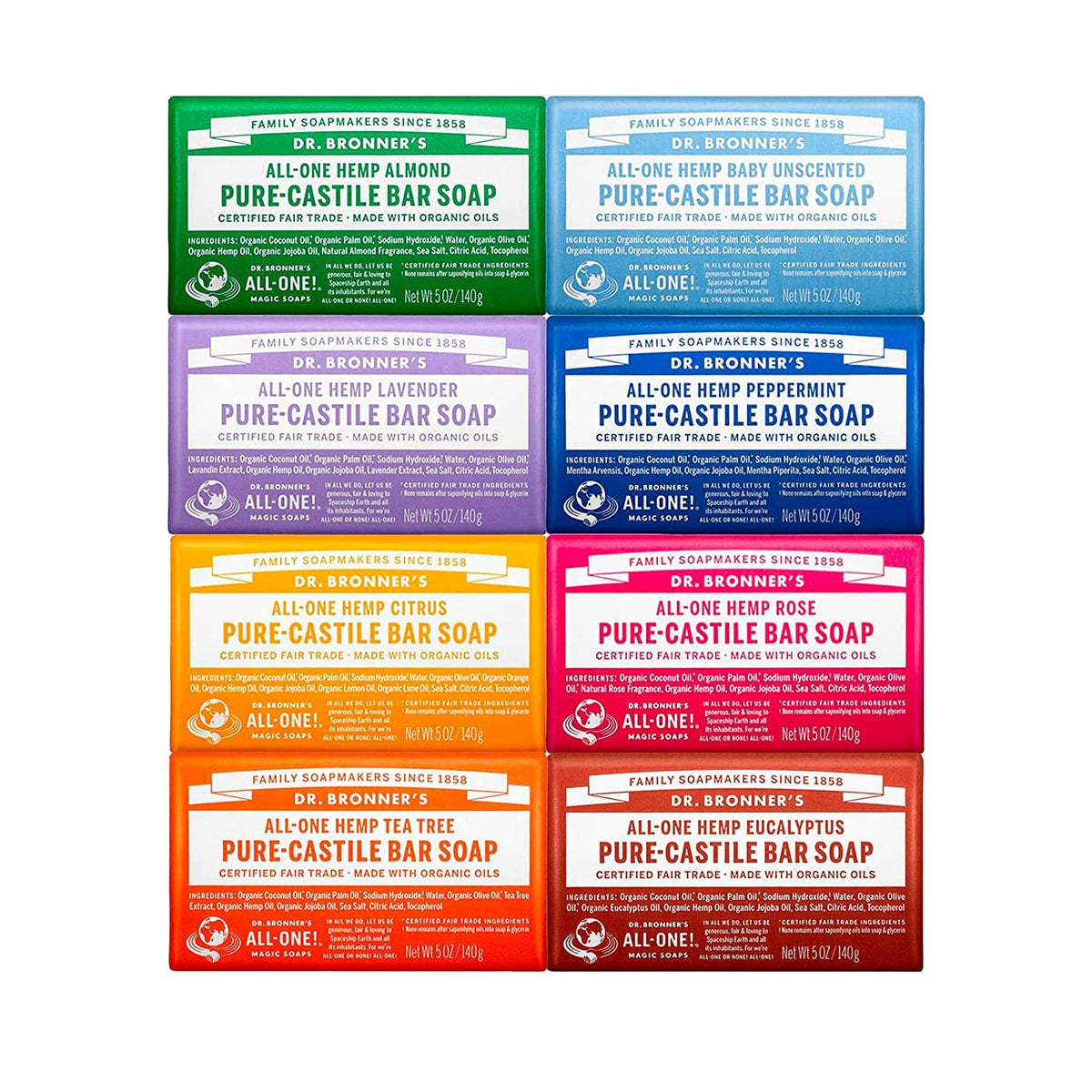 Dr. Bronner's variety pack front view showing eight wrapped bars and benefits