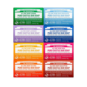 Dr. Bronner's variety pack front view showing eight wrapped bars and benefits