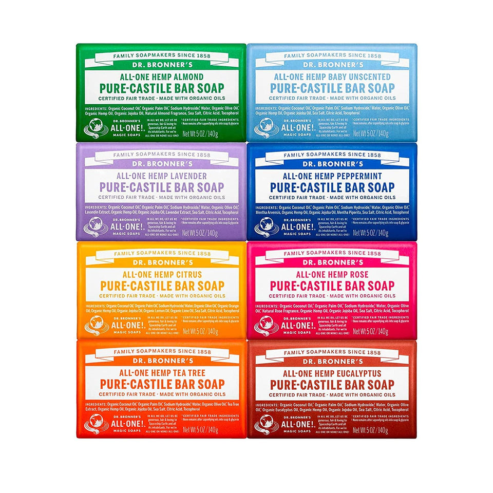 Dr. Bronner's variety pack front view showing eight wrapped bars and benefits