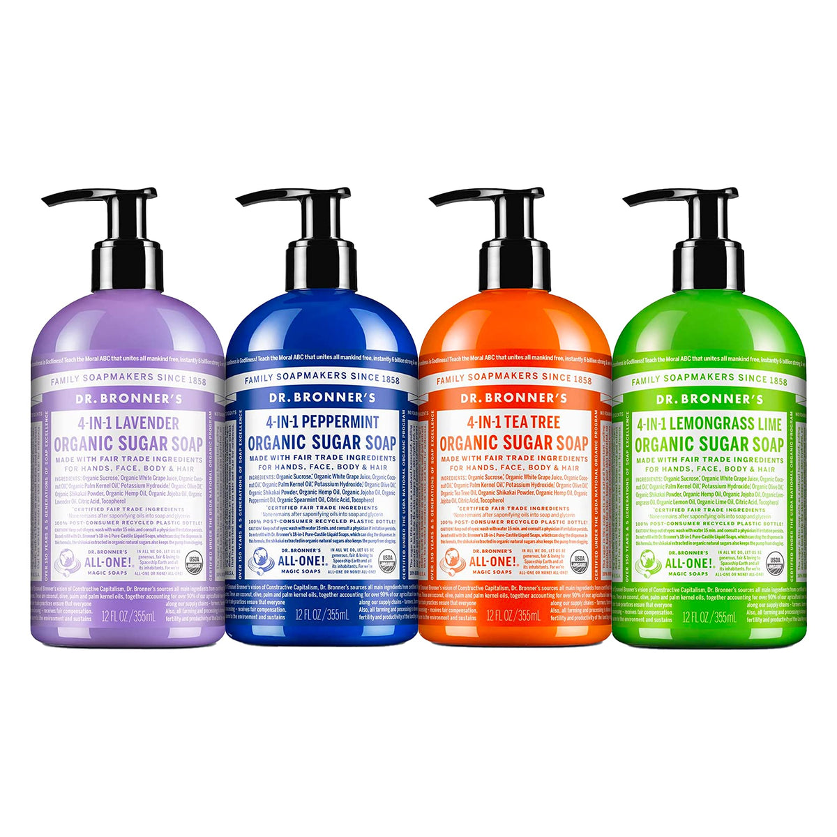 Dr. Bronner's variety pack front view showing four 12 oz bottles and organic labeling for easy selection