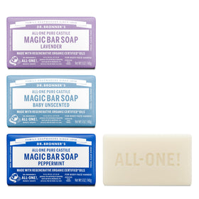 Dr. Bronner's variety pack front view showing three scented bars and packaging benefit eco-friendly