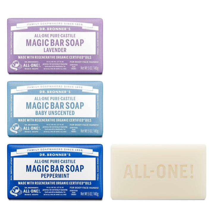 Dr. Bronner's variety pack front view showing three scented bars and packaging benefit eco-friendly