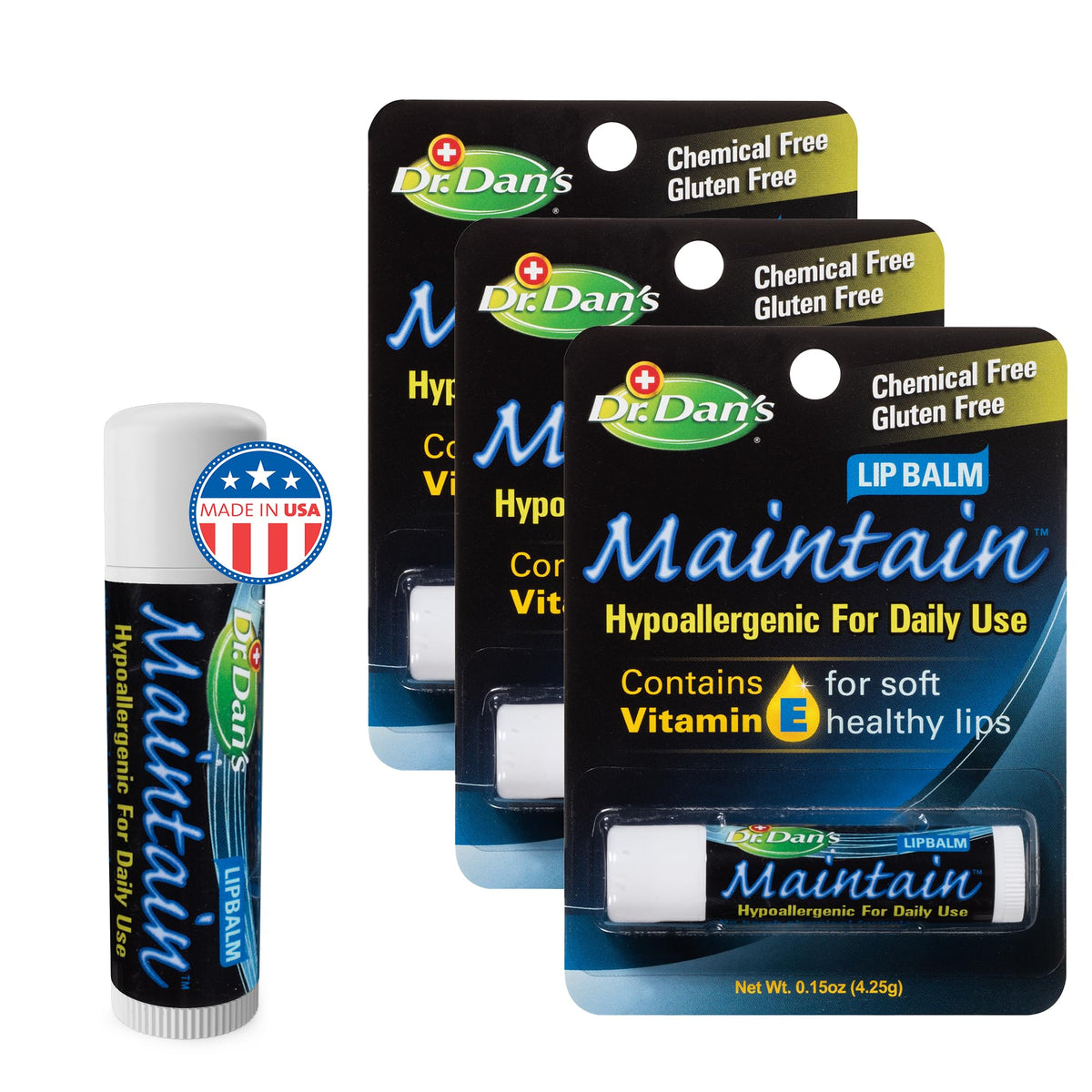 Dr. Dan's front packaging showing simple, fragrance-free lip balm benefits