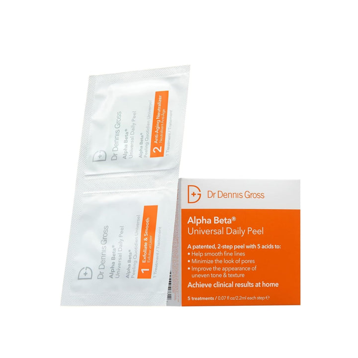 Dr Dennis Gross front packaging showing five two-step peel treatments and benefits