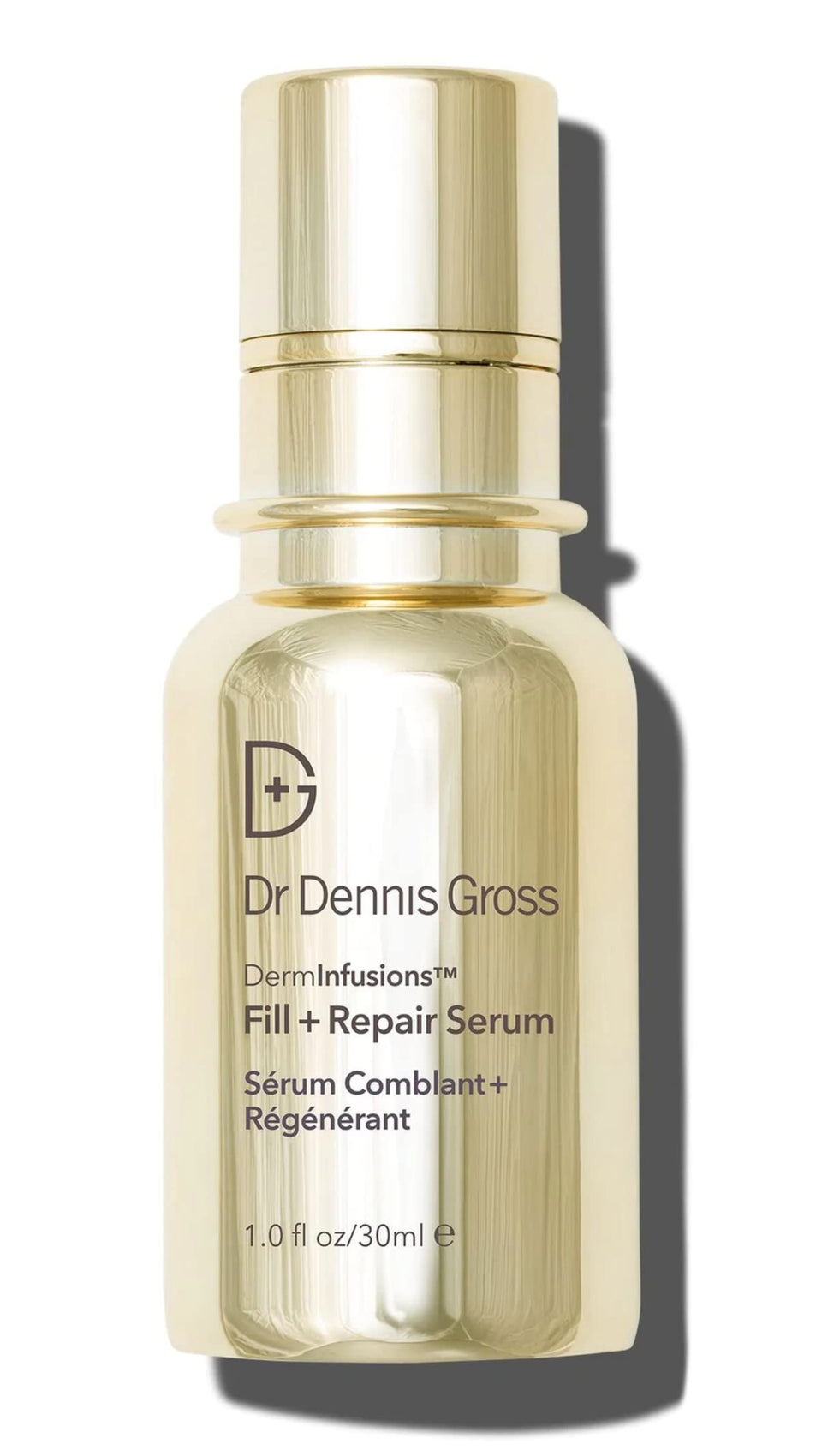 Dr Dennis Gross Fill + Repair Serum front bottle highlighting packaging and size benefits