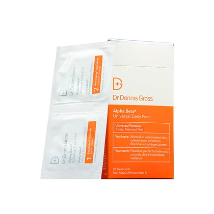 Dr Dennis Gross front packaging showing 30 daily peel treatments and clear benefit