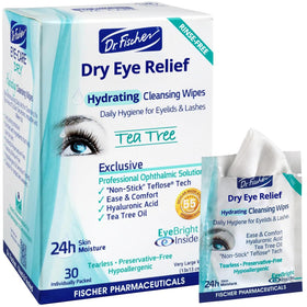 Dr. Fischer front packaging showing hypoallergenic eyelid wipes and tea tree benefit