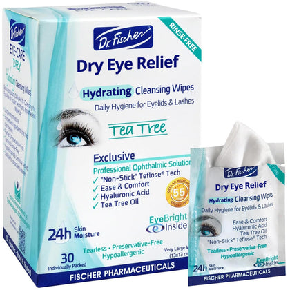 Dr. Fischer front packaging showing hypoallergenic eyelid wipes and tea tree benefit