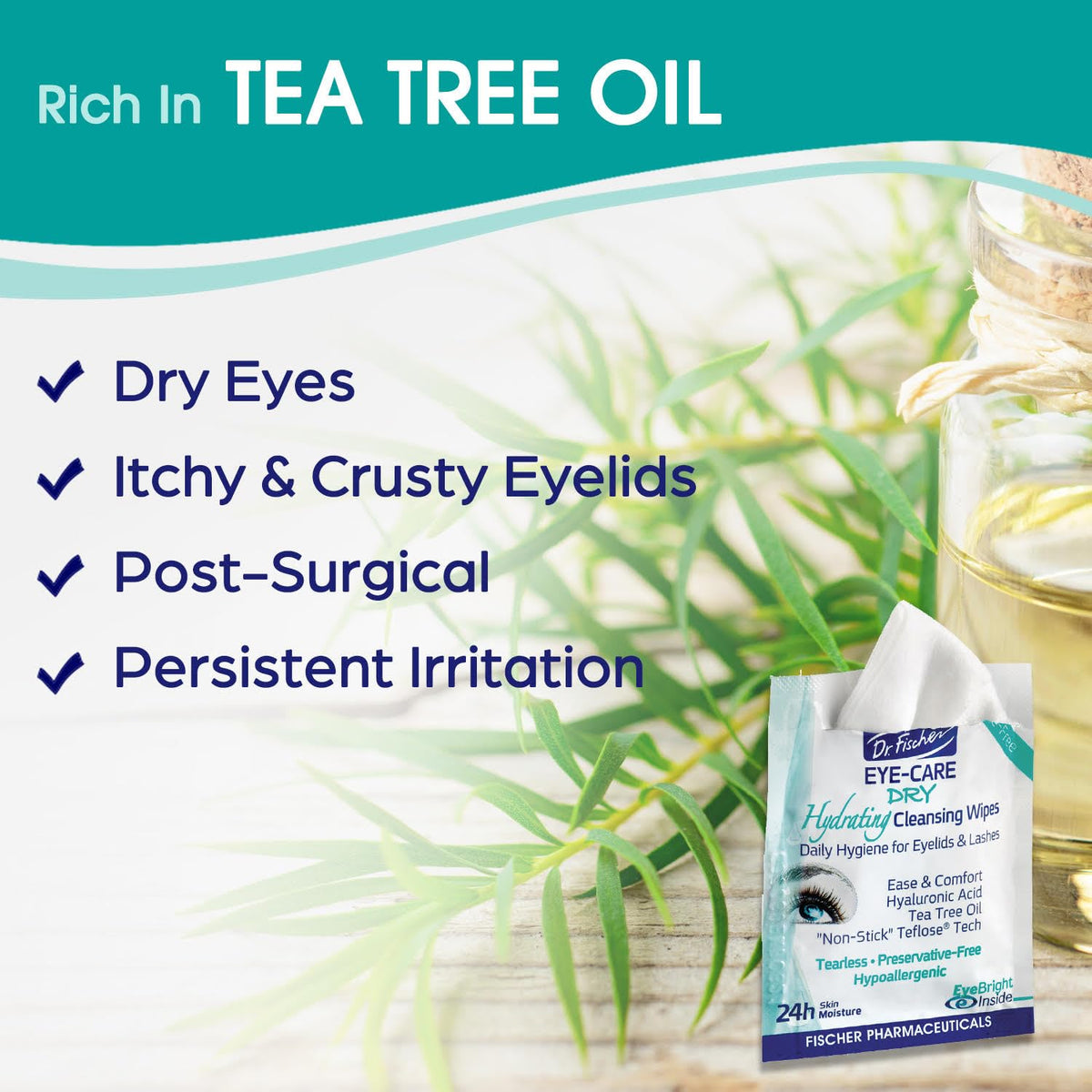 Dr. Fischer wipe saturated with tea tree oil droplets for soothing eyelid care