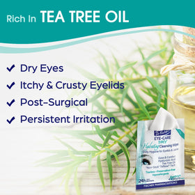 Dr. Fischer wipe saturated with tea tree oil droplets for soothing eyelid care