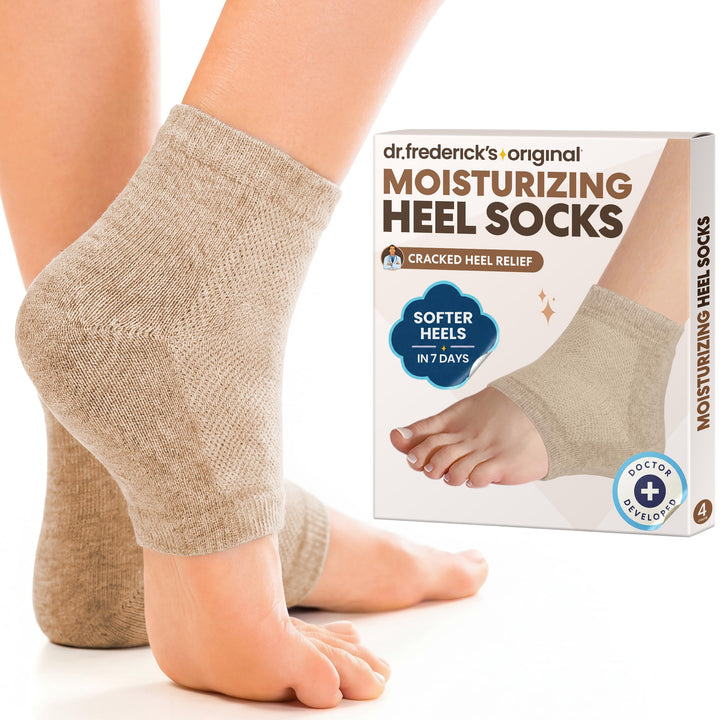 Dr. Frederick's front packaging view showing two beige shea pairs and benefits