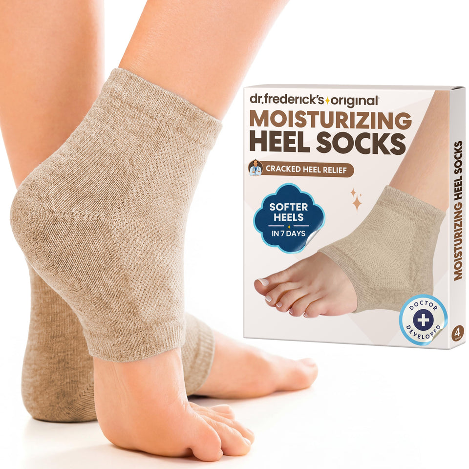 Dr. Frederick's front packaging view showing two beige shea pairs and benefits