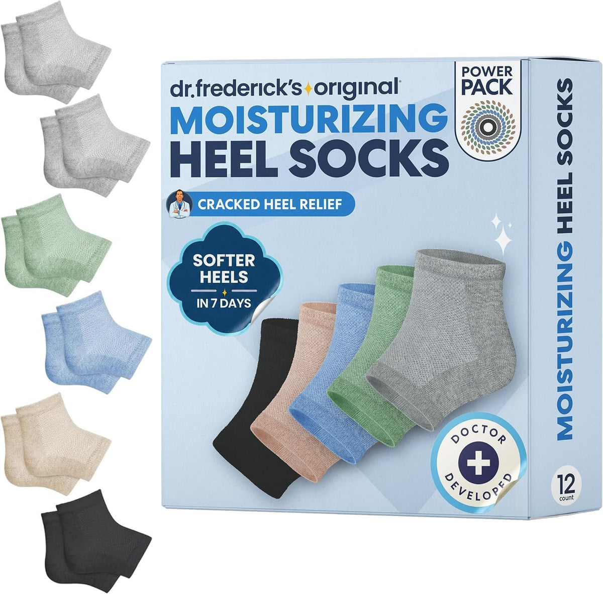 Dr. Frederick's product packaging showing six pairs and benefits