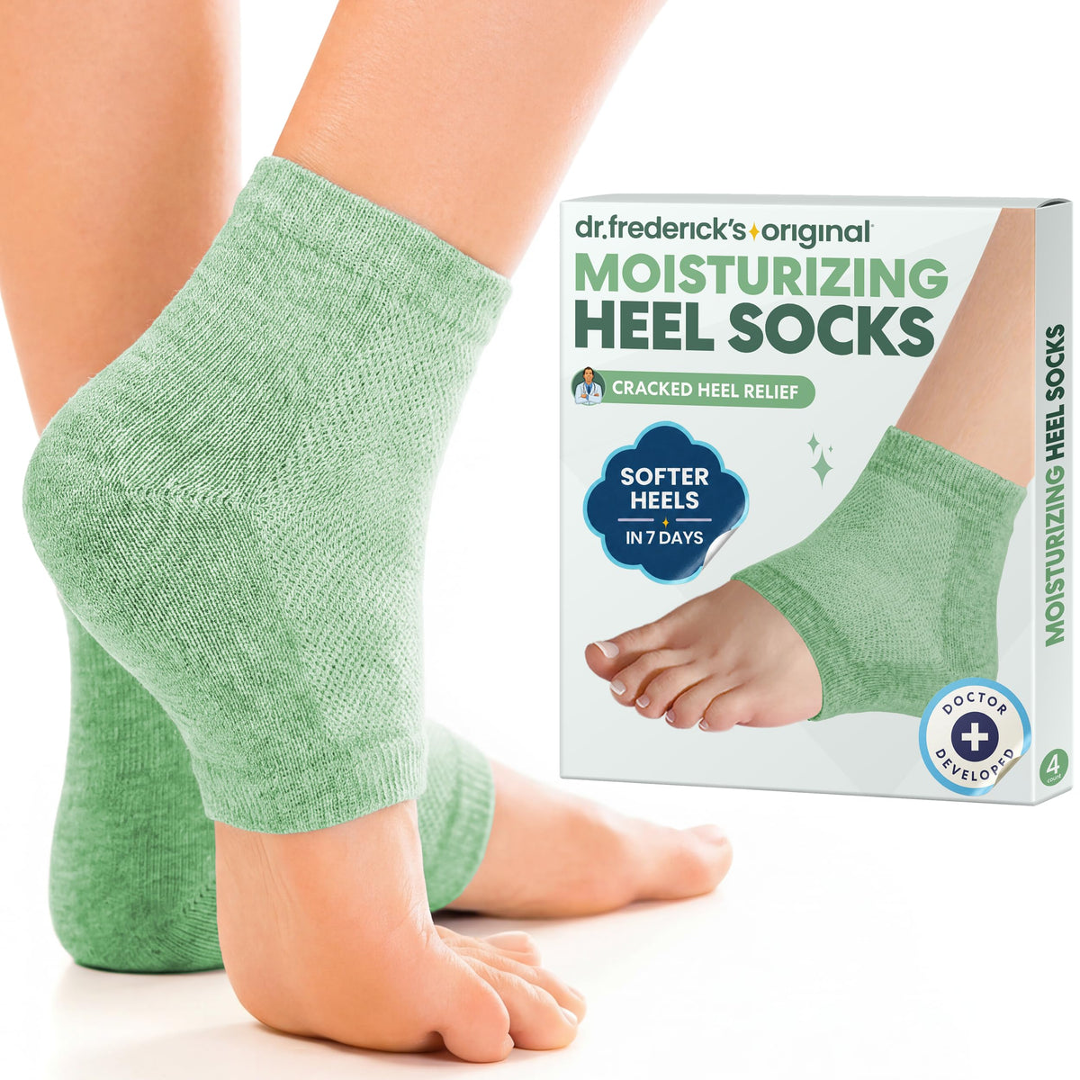 Dr. Frederick's Original front packaging showing green aloe socks and benefits
