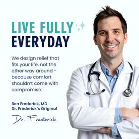 Dr. Frederick's heel socks placed on bathroom counter as part of self-care routine