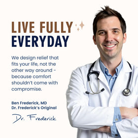 Dr. Frederick's lifestyle shot on bathroom shelf suggesting gift and self-care