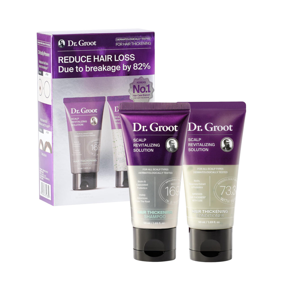 Dr. Groot travel set front packaging showing compact bottles and labels for convenience