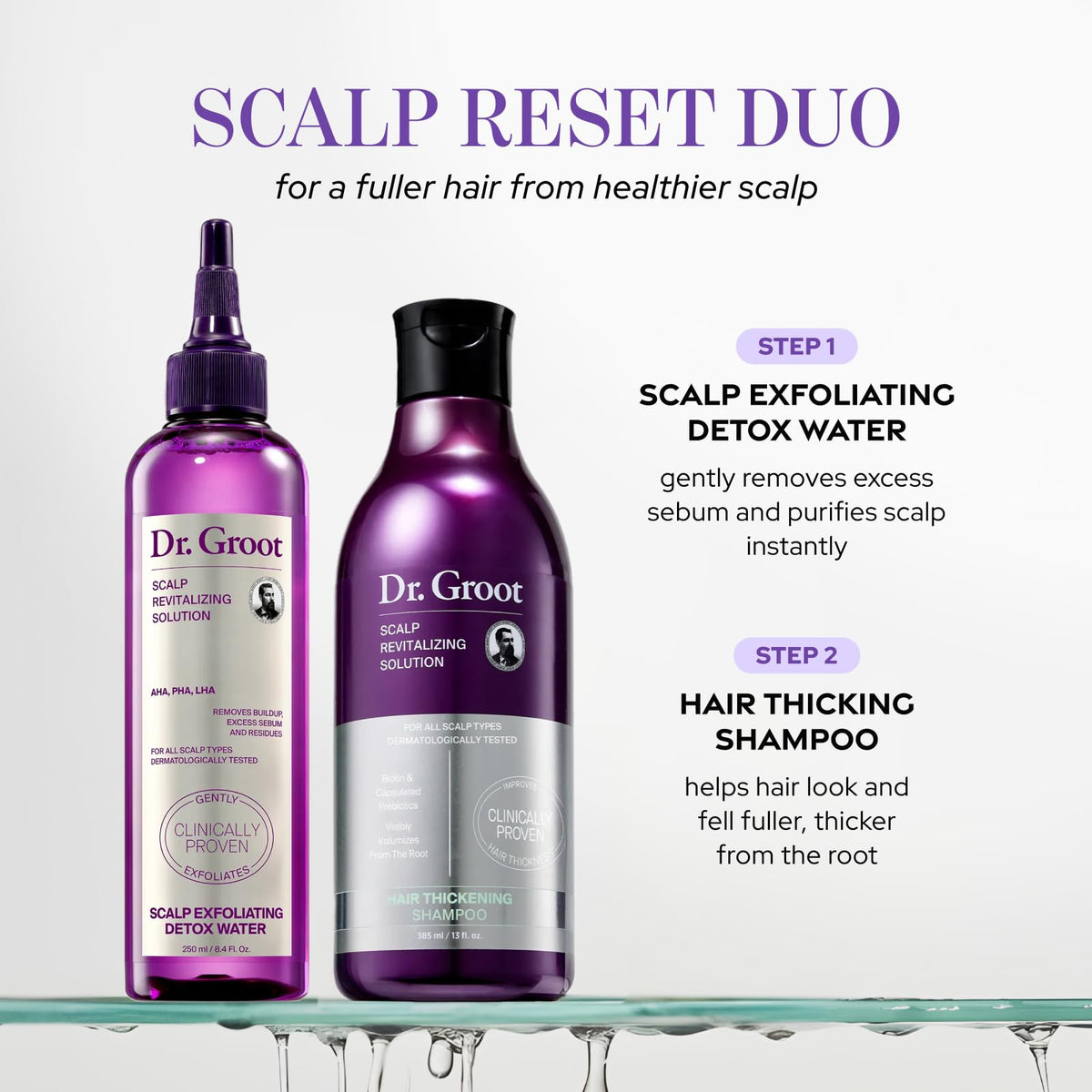 Dr. Groot on a bathroom shelf staged for daily scalp care routine