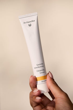 Dr. Hauschka cleansing cream on bathroom shelf lifestyle for daily routine